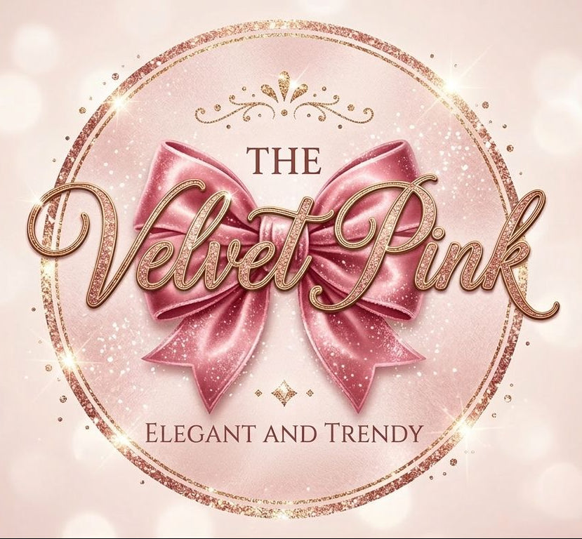 Logo for 'The Velvet Pink' with a pink bow and elegant text on a soft pink background.